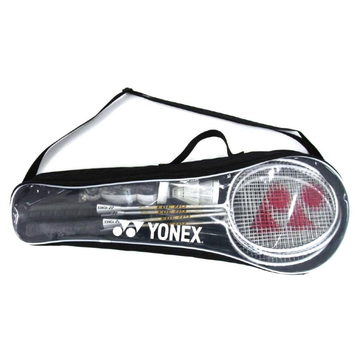 Yonex badminton racket and shuttlecocks in a black carrying case on a white background