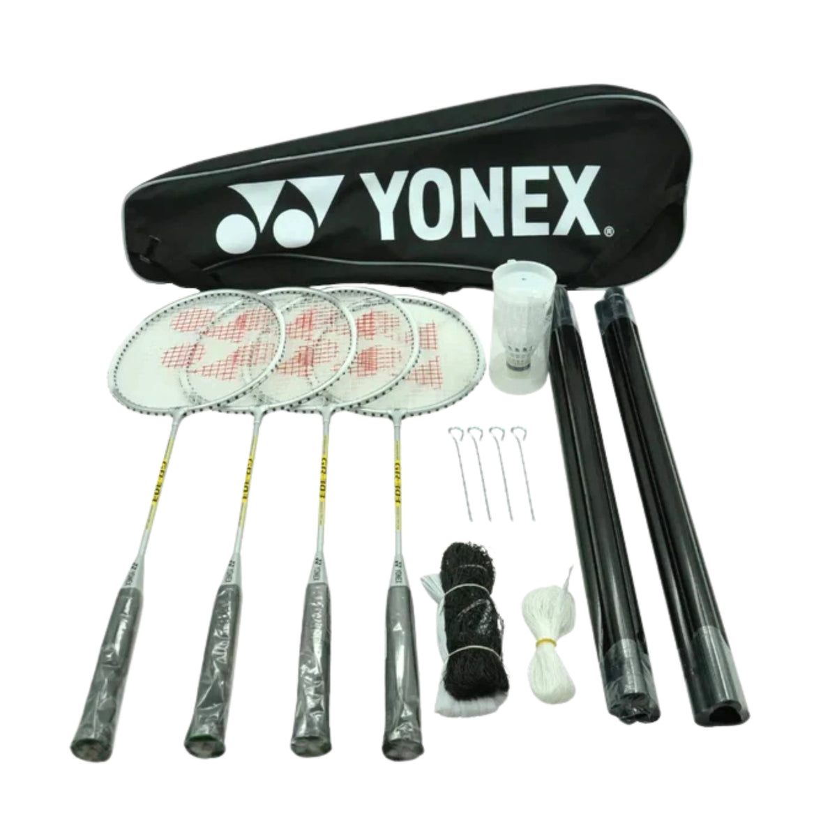 Yonex badminton racket set with rackets, net set and shuttlecocks on a white background