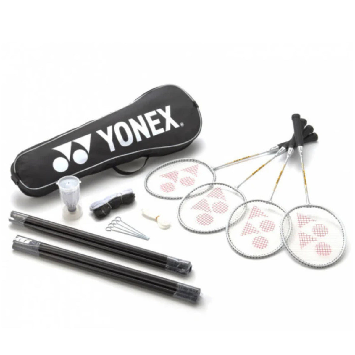 Yonex badminton racket set with rackets, net set and shuttlecocks on a white background