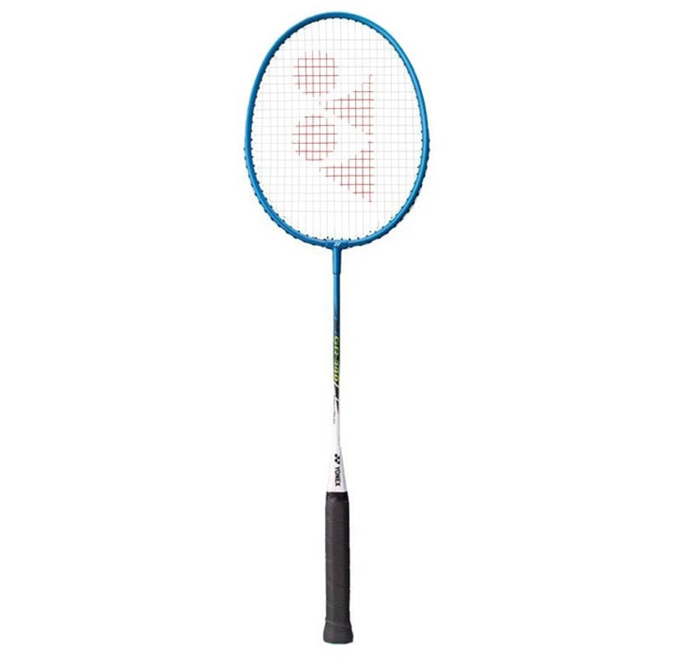 Blue badminton racket with white strings on a white background