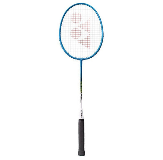 Blue badminton racket with white strings on a white background