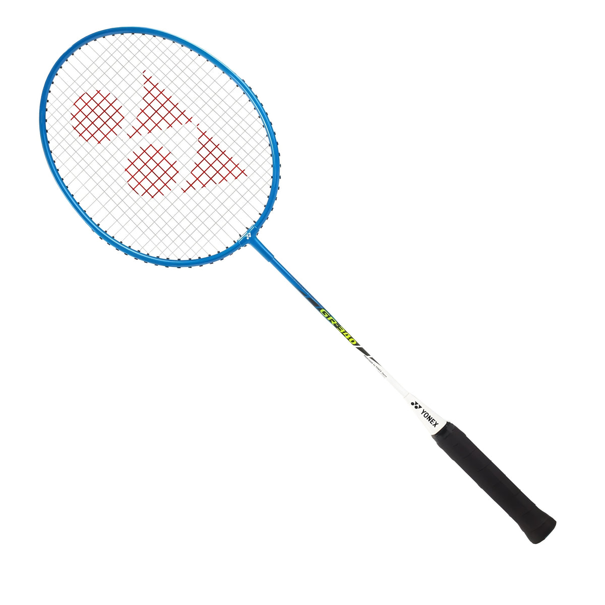 Badminton racket with blue frame and black handle on a white background