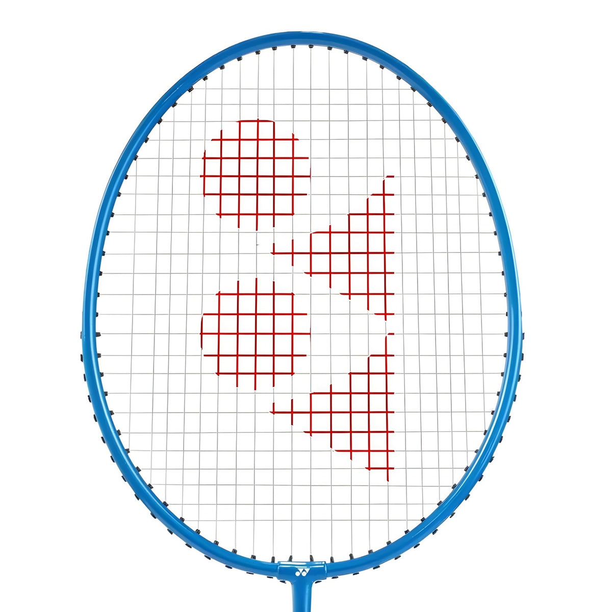 Blue badminton racket with red Yonex logo on a white background