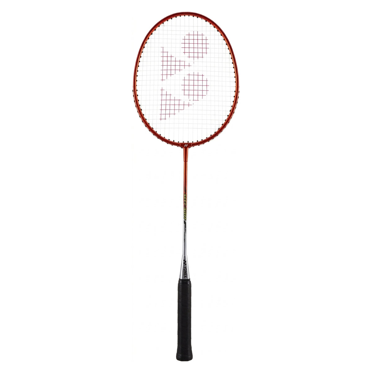 Badminton racket with red frame and black handle on a white background