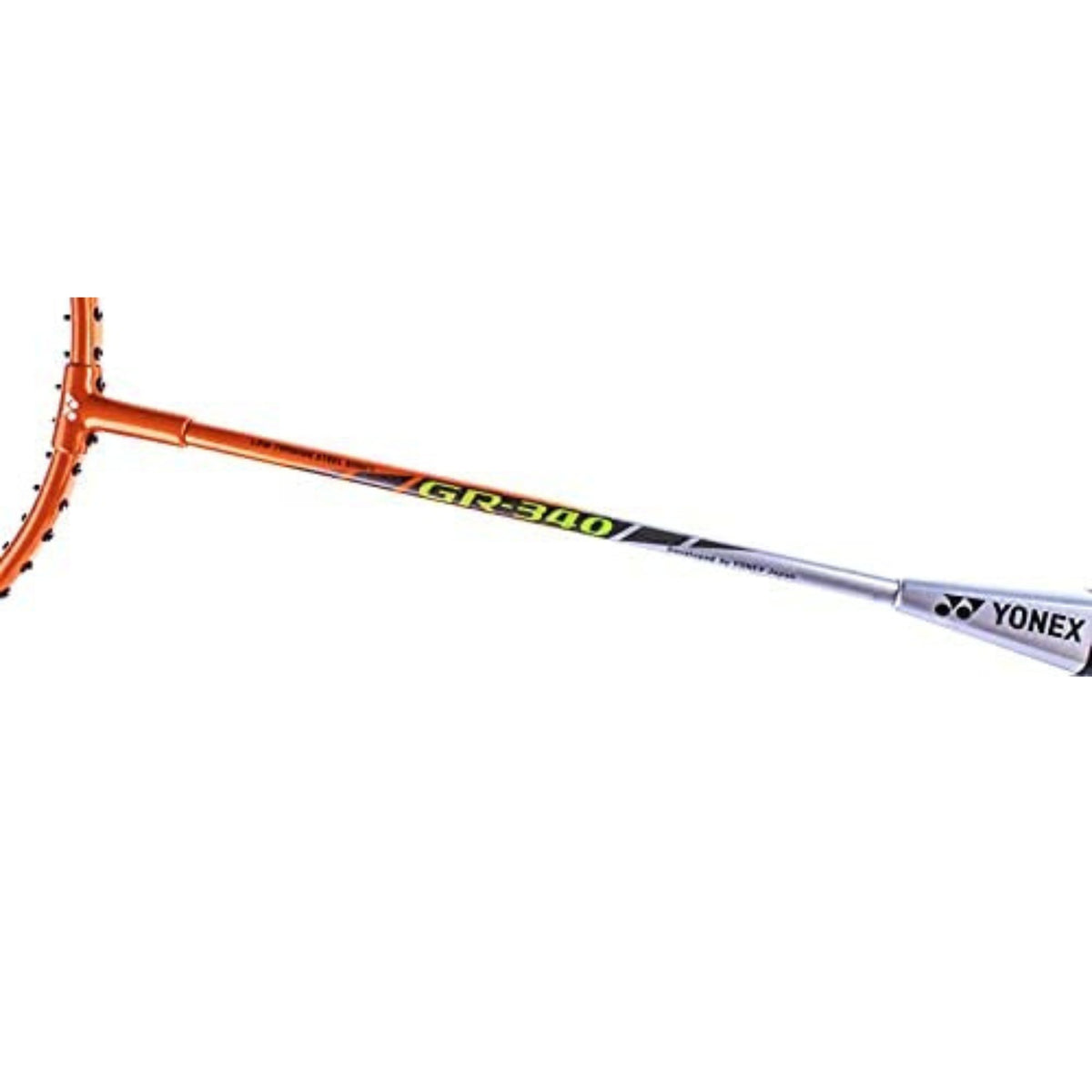 Yonex badminton racket with orange frame and black and white handle on a white background