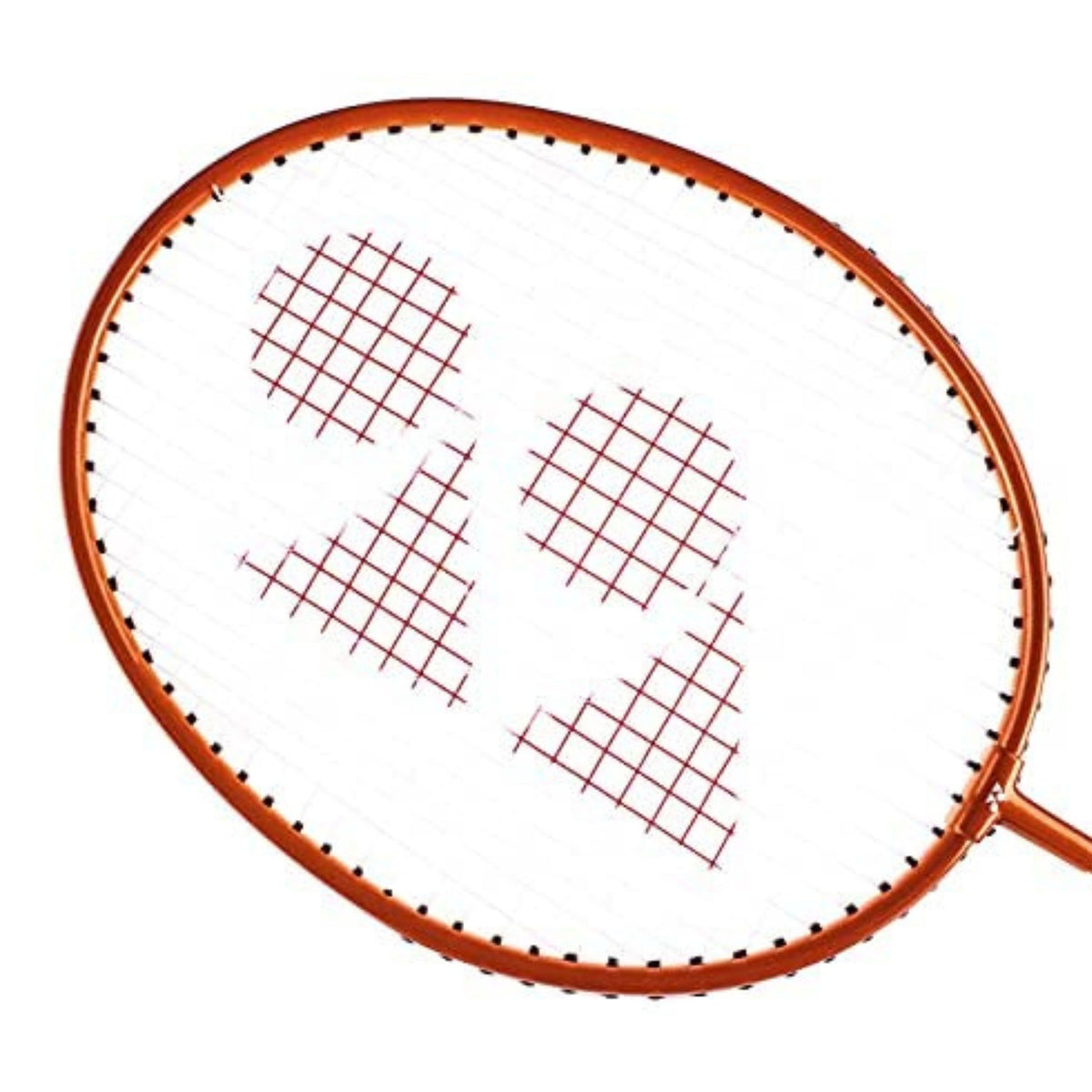 Close-up of a badminton racket with a brand logo on a white background