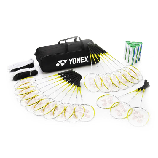 Yonex badminton racket set with rackets, shuttlecocks, and bag on a white background
