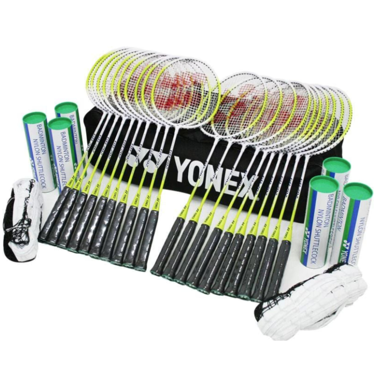 Yonex badminton racket set with rackets, strings, and a bag on a white background