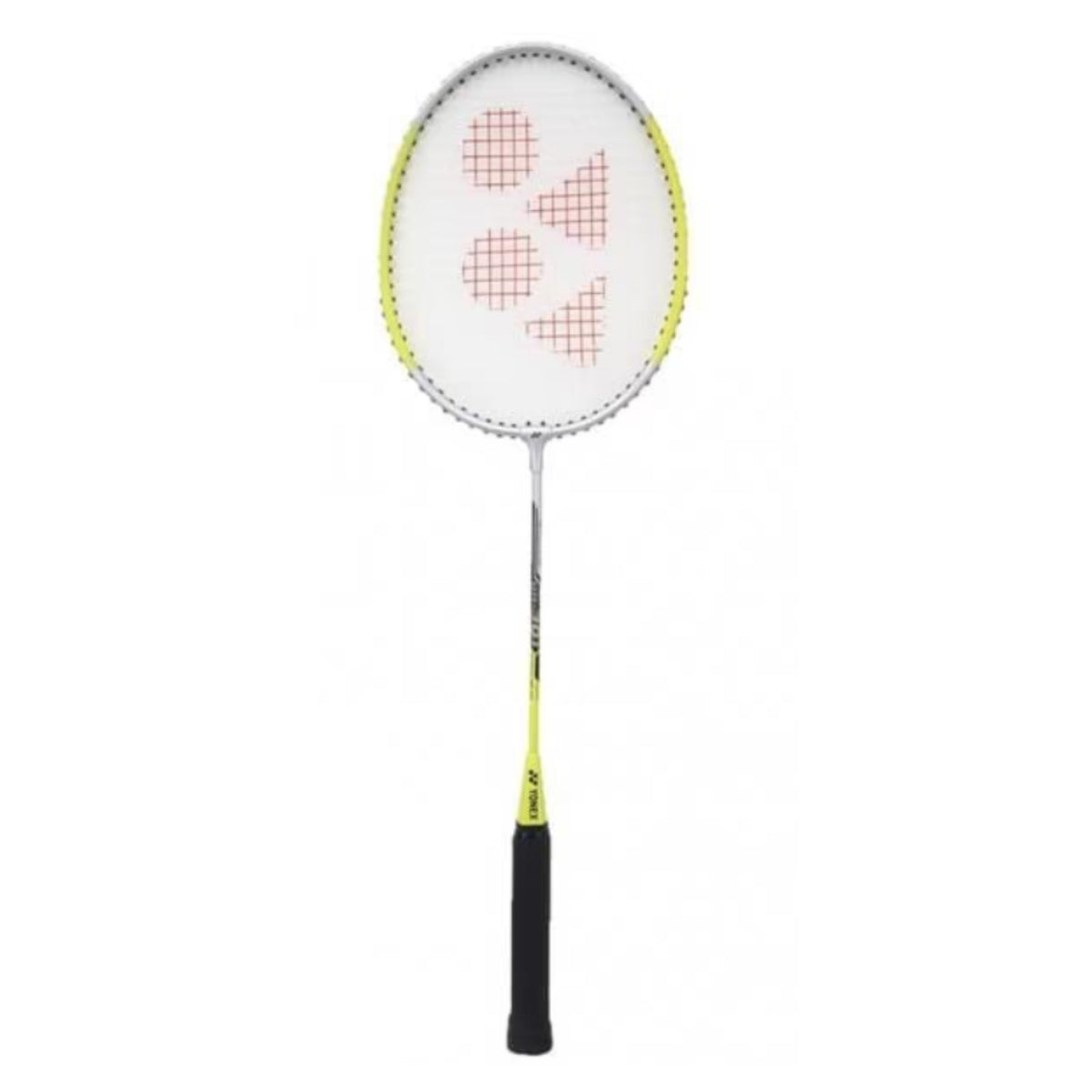 Badminton racket with a white strings bed and black handle on a white background
