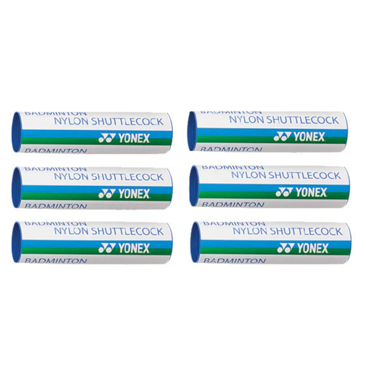 Set of six Yonex badminton shuttlecock packages on a white background