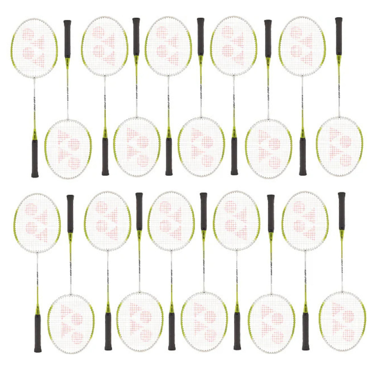 Multiple badminton racket set with strings on a white background