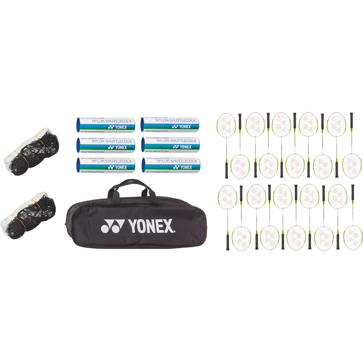 Yonex badminton racket set with rackets, strings, and a bag on a white background