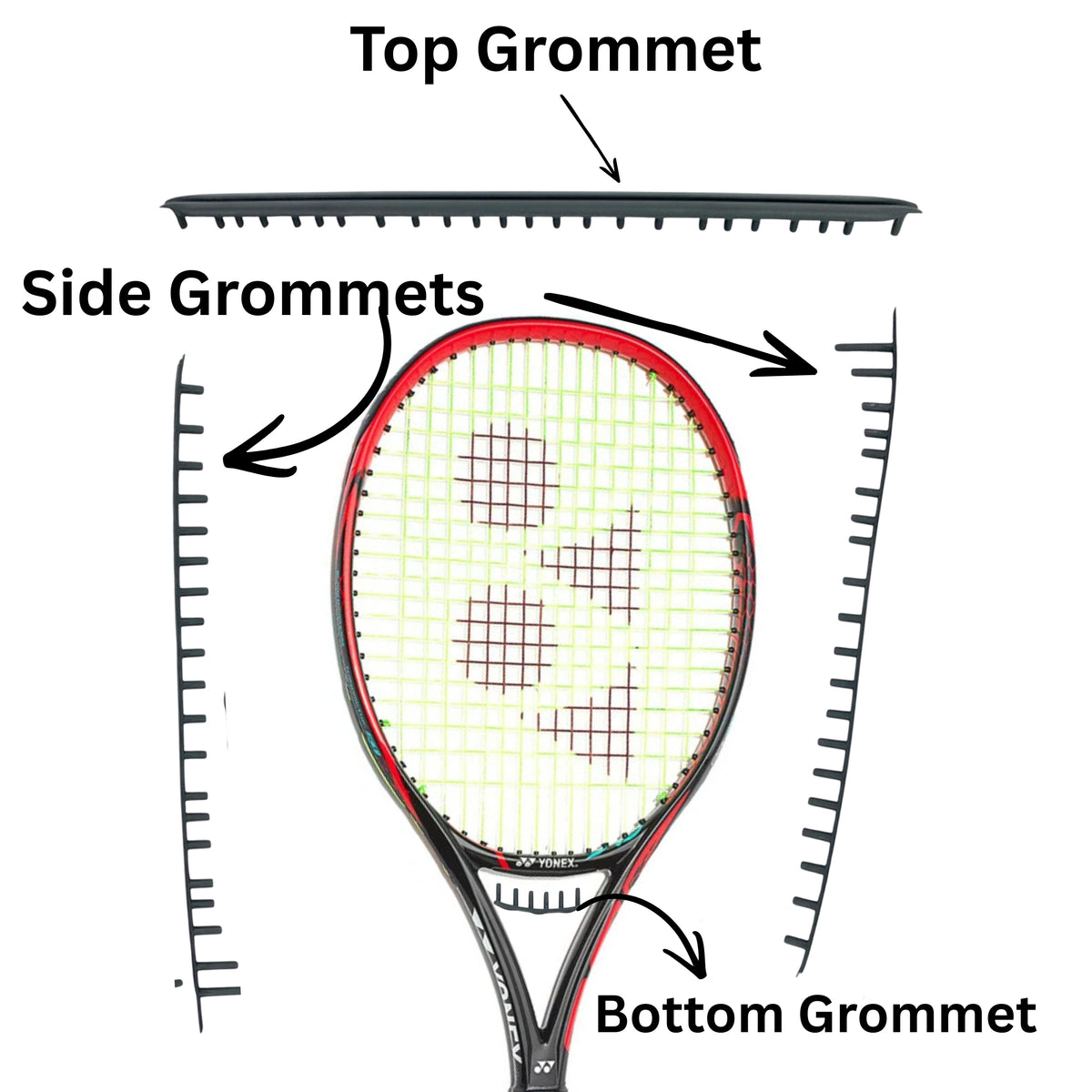 Diagram of a tennis racket with labeled grommets on a white background
