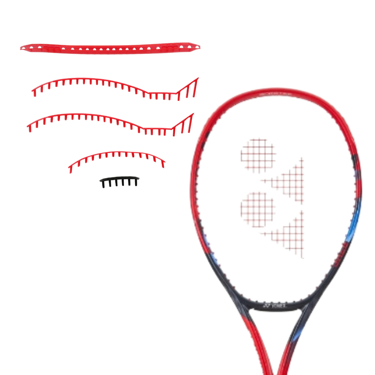 Red and black tennis racket with close-up details on a white background
