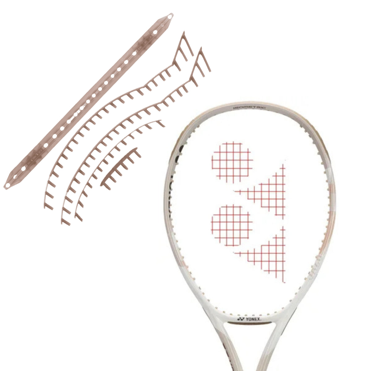Tennis racket with brand logo and grommets on a white background