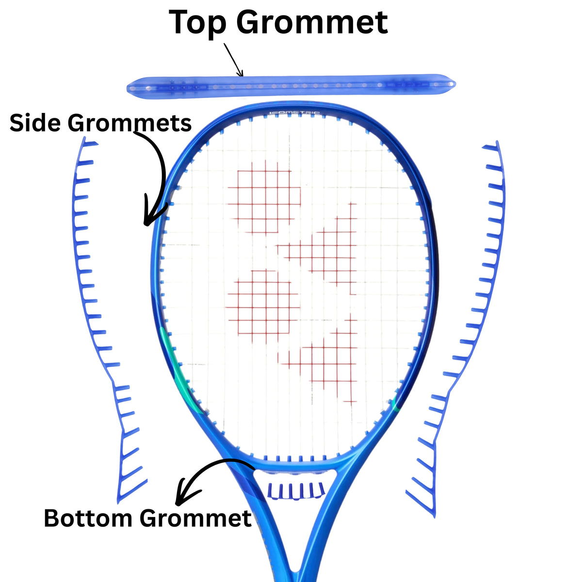 Diagram of a tennis racket with labeled grommets on a white background