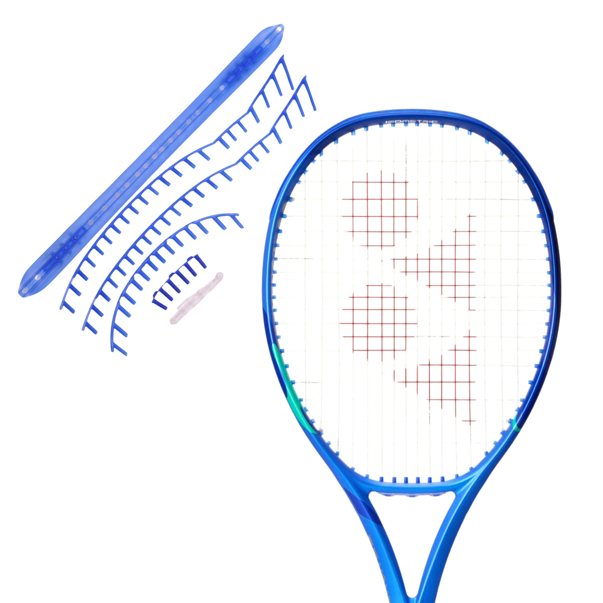 Blue tennis racket with a white strings pattern on a white background