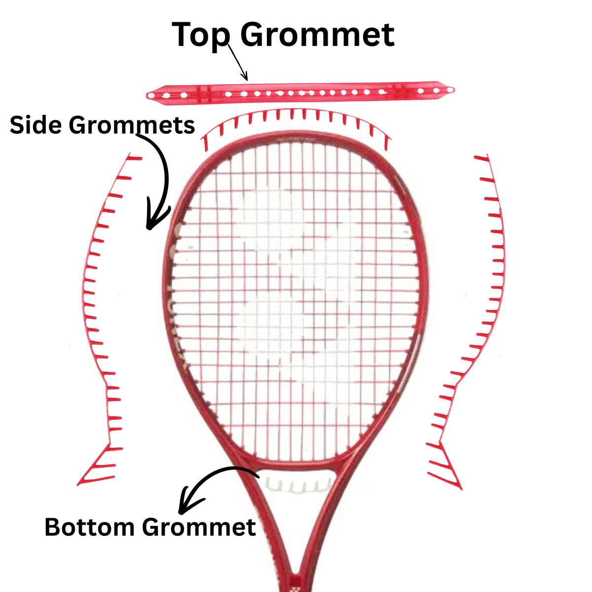Red tennis racket with labeled grommets on a white background