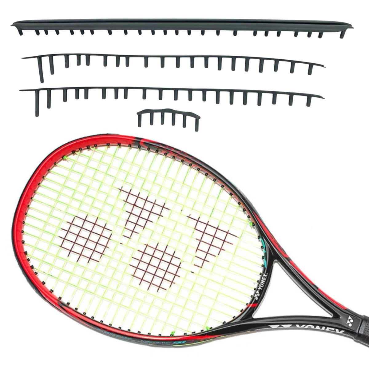 Tennis racket with grommets above it on a white background