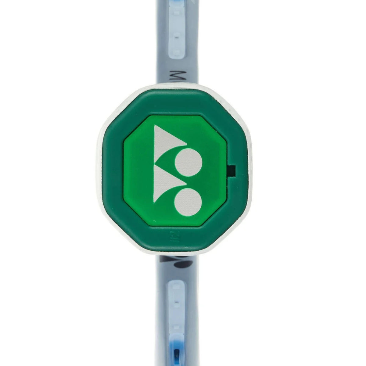 Tennis racket with a green head cover featuring a Yonex logo on a white background