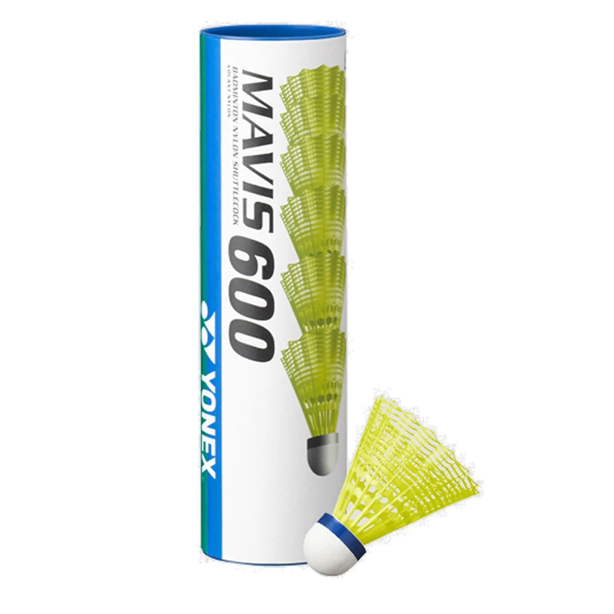 Yonex Mavis 600 badminton shuttlecock in a white and blue tube on a white background