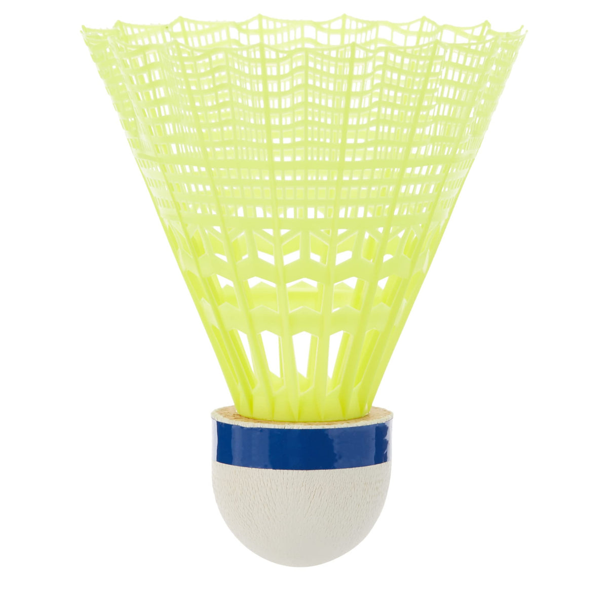 Yellow shuttlecock with a blue base on a white background
