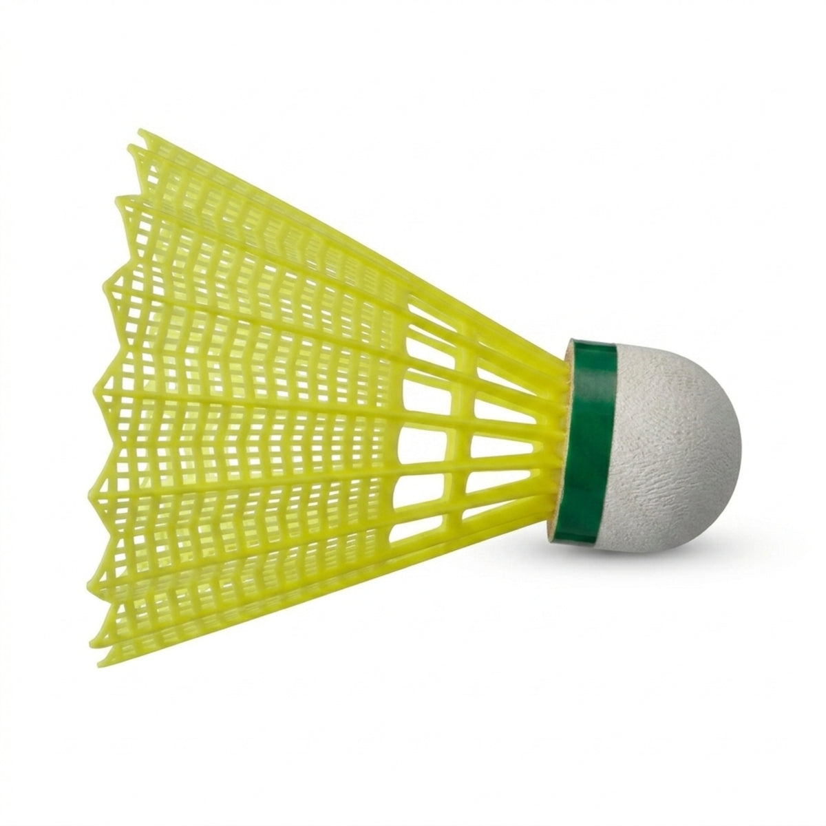Yellow badminton shuttlecock with a white and green base on a white background