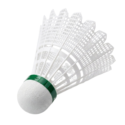 White badminton shuttlecock with green band on a white background