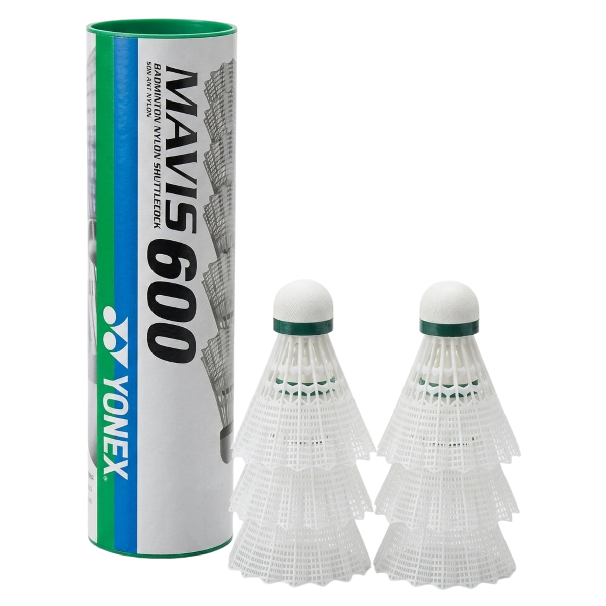 Yonex Mavis 600 badminton shuttlecocks with packaging on a white background