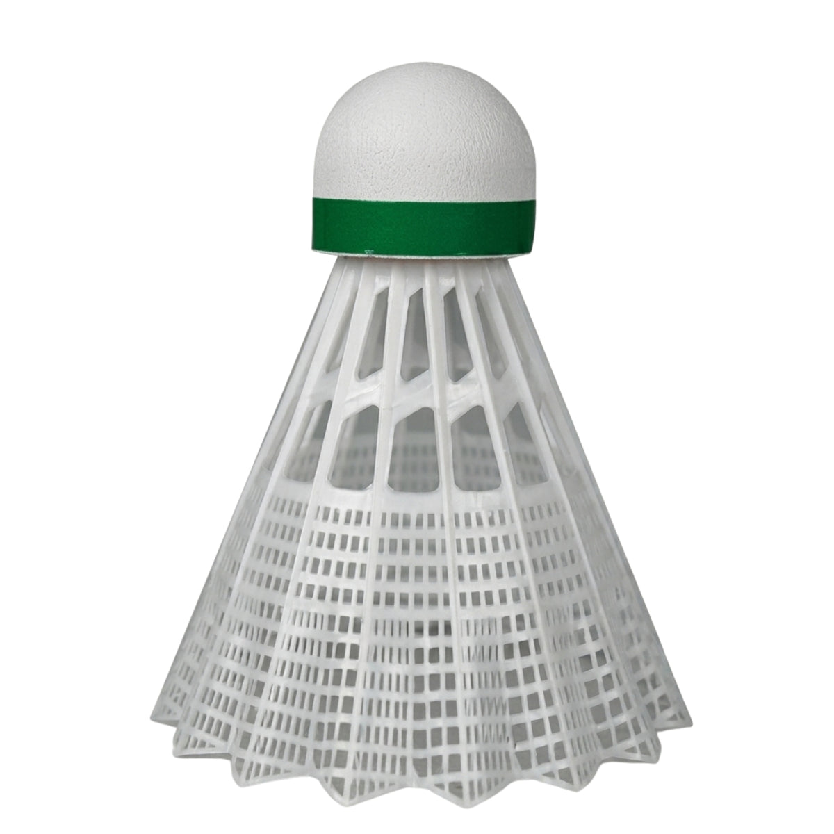 White badminton shuttlecock with a green top on a white background