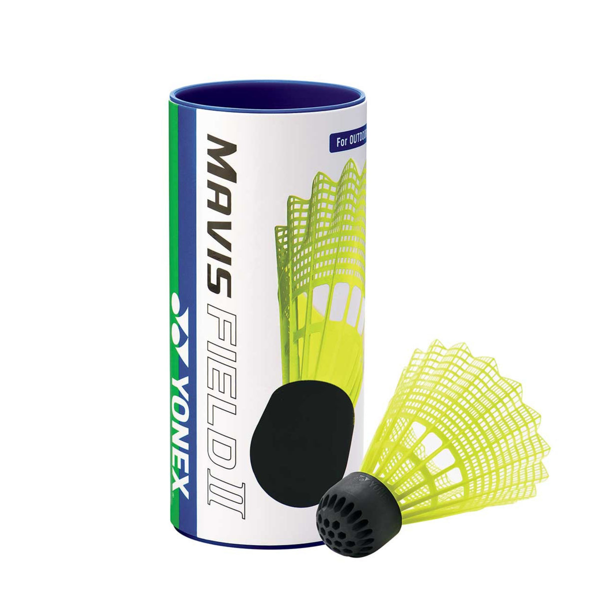 Yonex Mavis Field II badminton shuttlecock with packaging on a white background