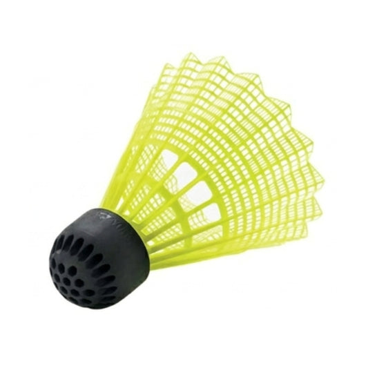 Yellow badminton shuttlecock with black base on a white background