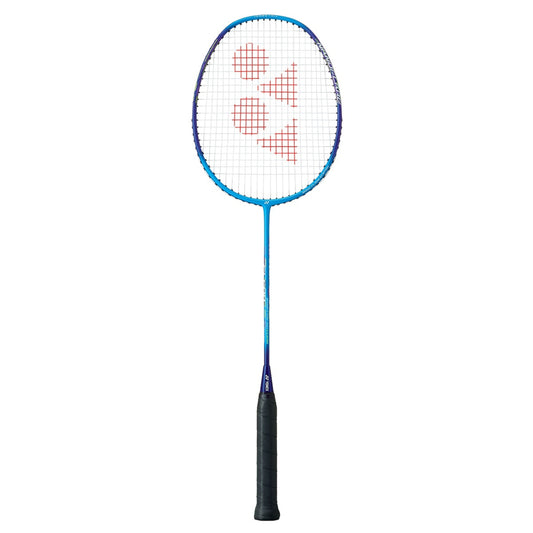 Badminton racket with blue frame and white strings on a white background