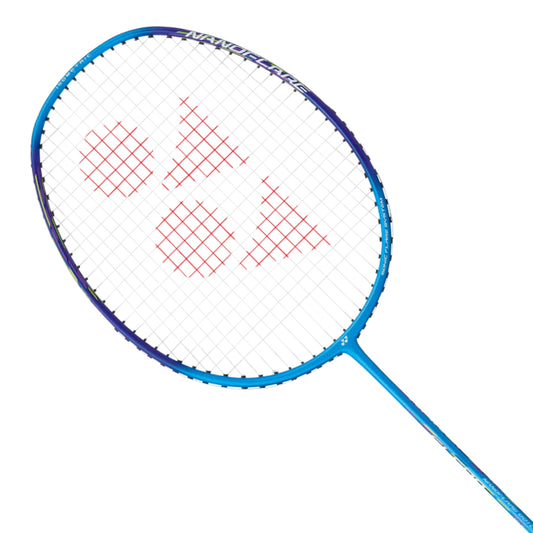 Blue badminton racket with a white strings bed on a white background
