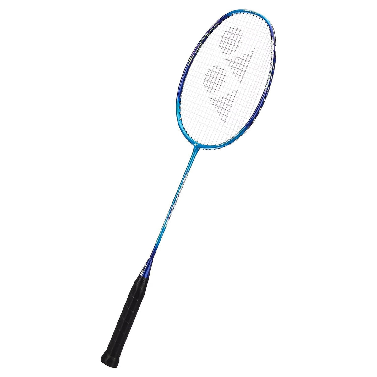 Blue badminton racket on a white background