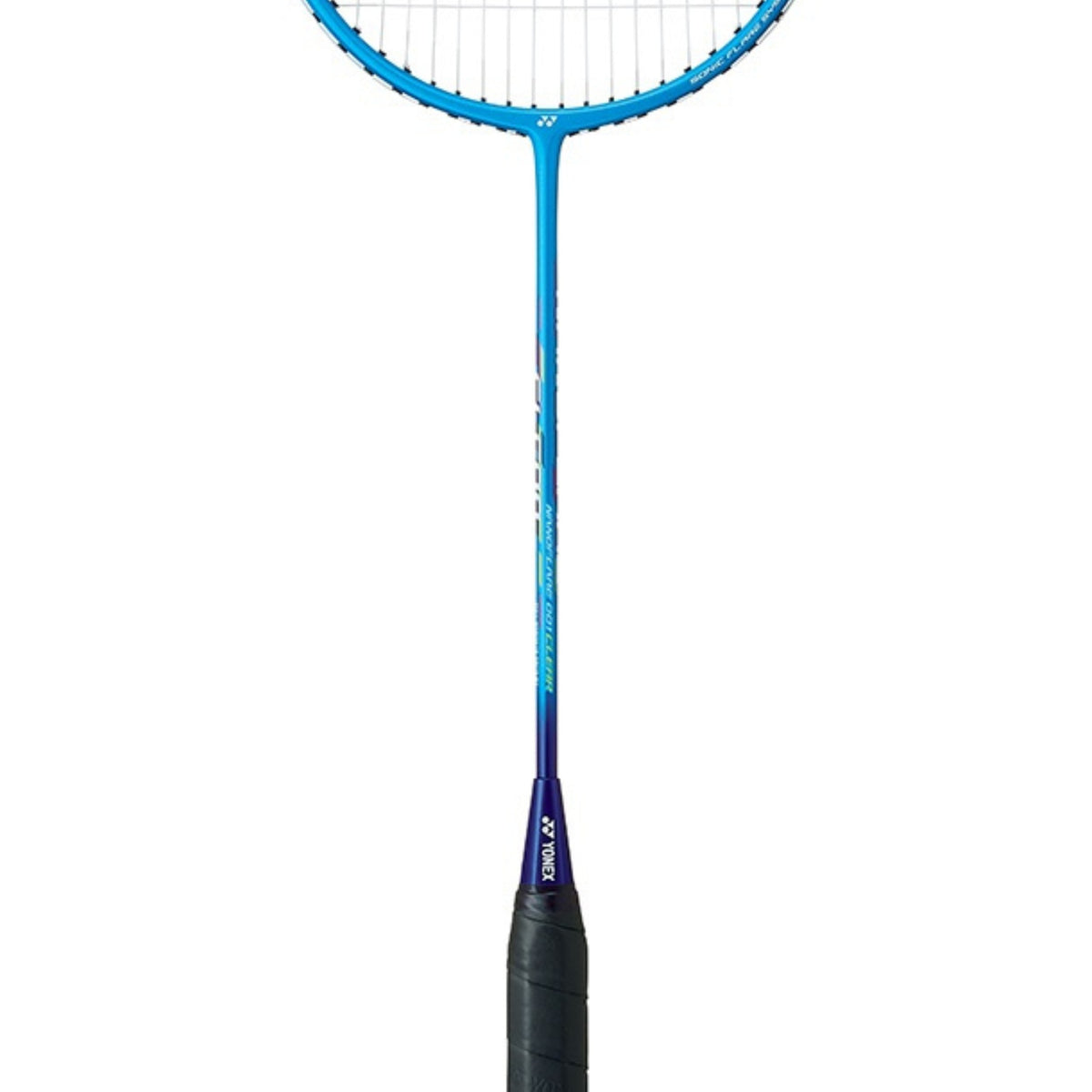 Blue and black badminton racket on a white background