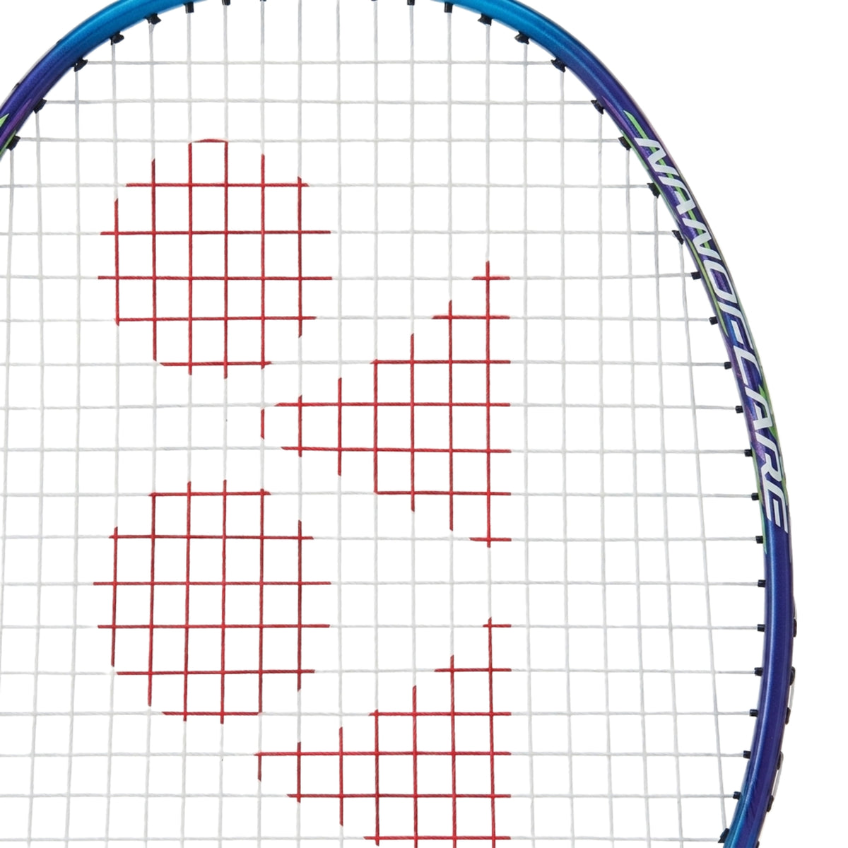 Close-up of a badminton racket with blue frame and red strings on a white background
