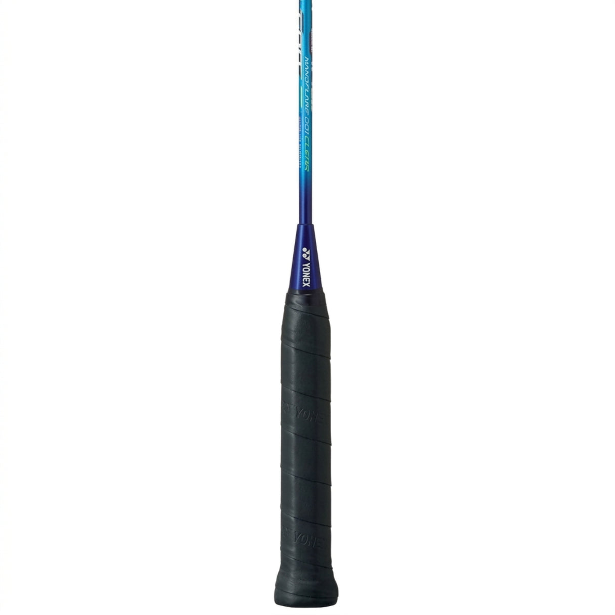 Badminton racket with a black handle and multicolored shaft on a white background