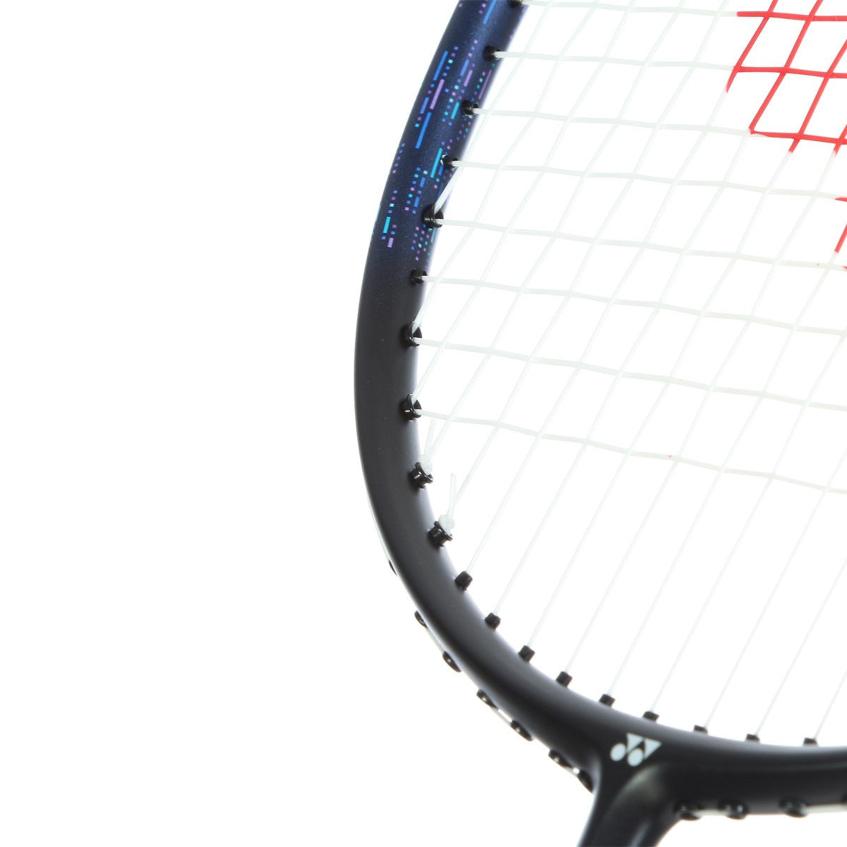 Close-up of a badminton racket with a white background