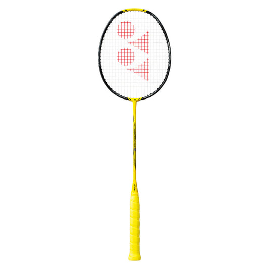 Badminton racket with a white strings and yellow frame on a white background