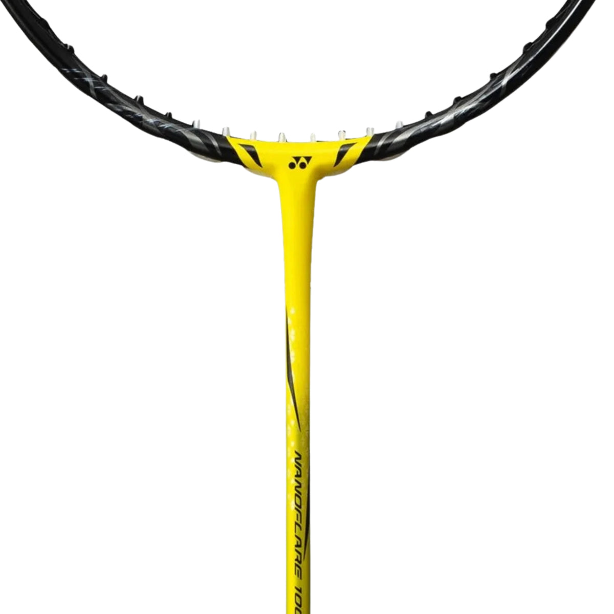 Yellow and black badminton racket on a white background