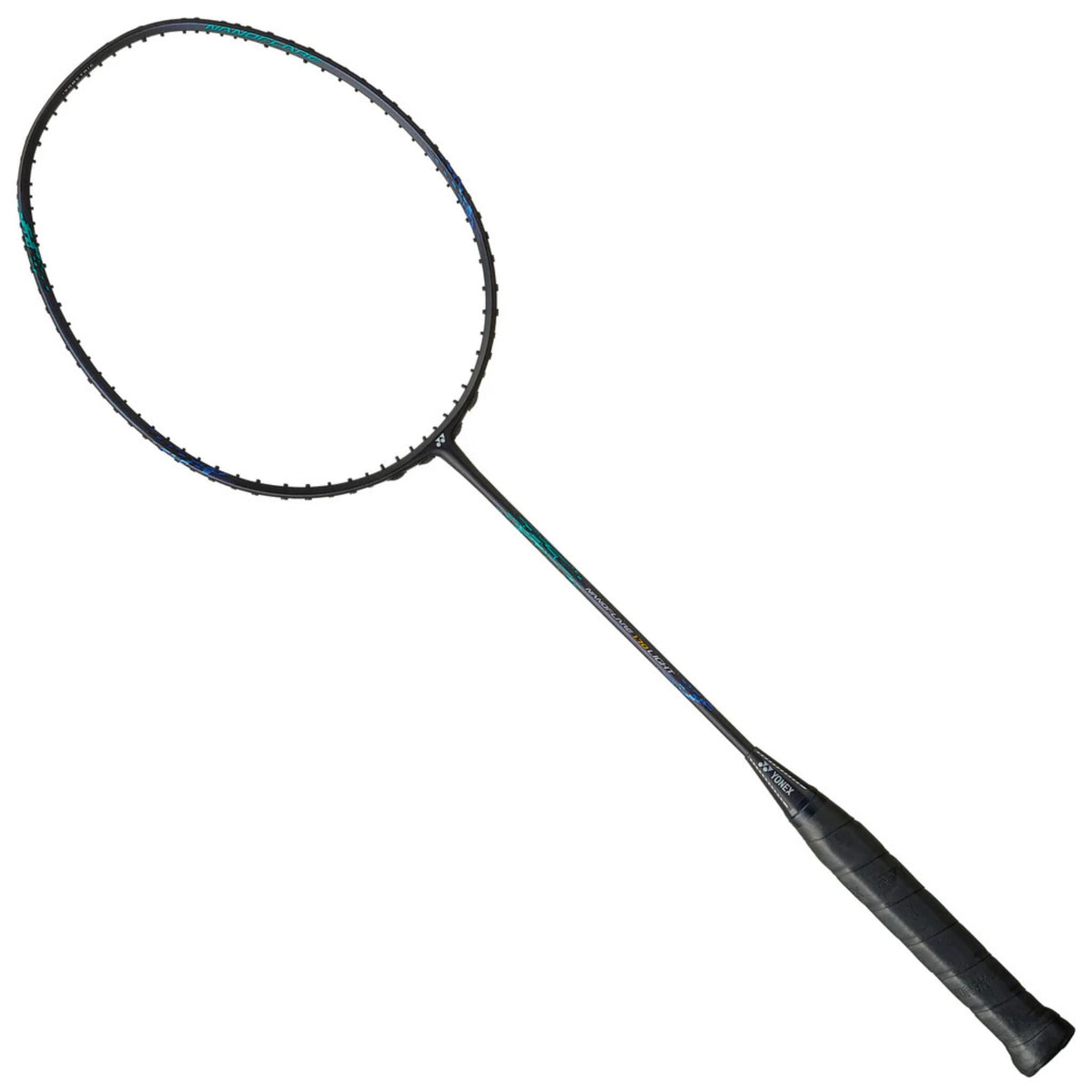 Black badminton racket on a white background