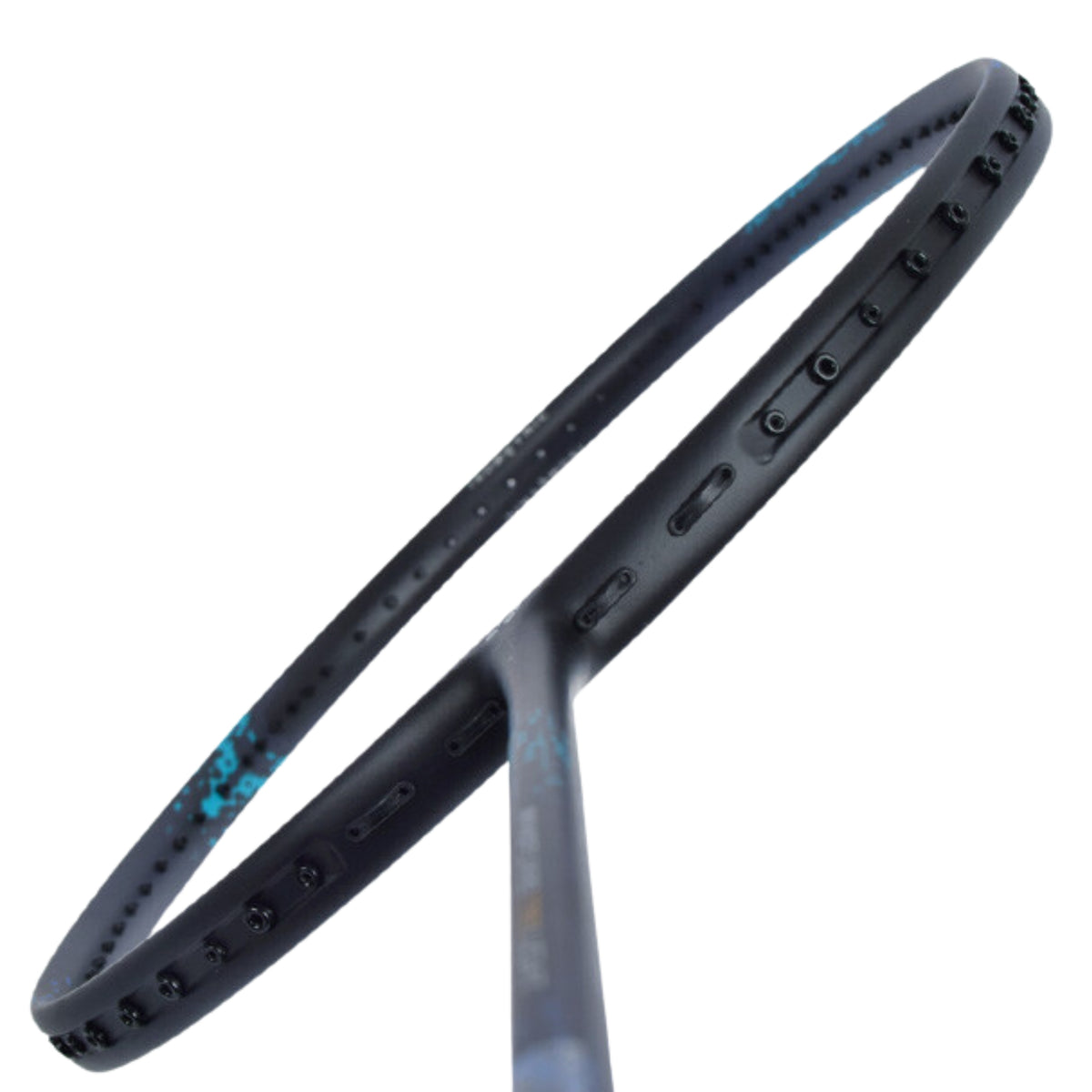 Badminton racket with a black and blue design on a white background