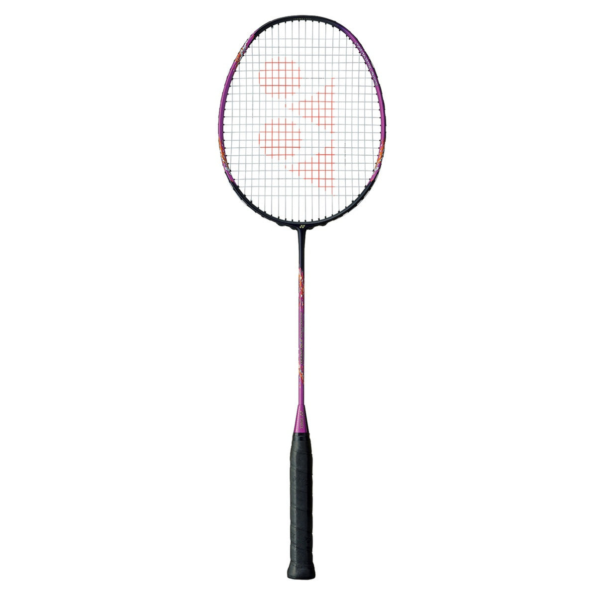 Badminton racket with a colorful design on a white background
