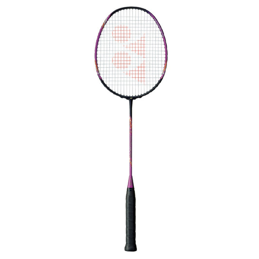 Badminton racket with a colorful design on a white background
