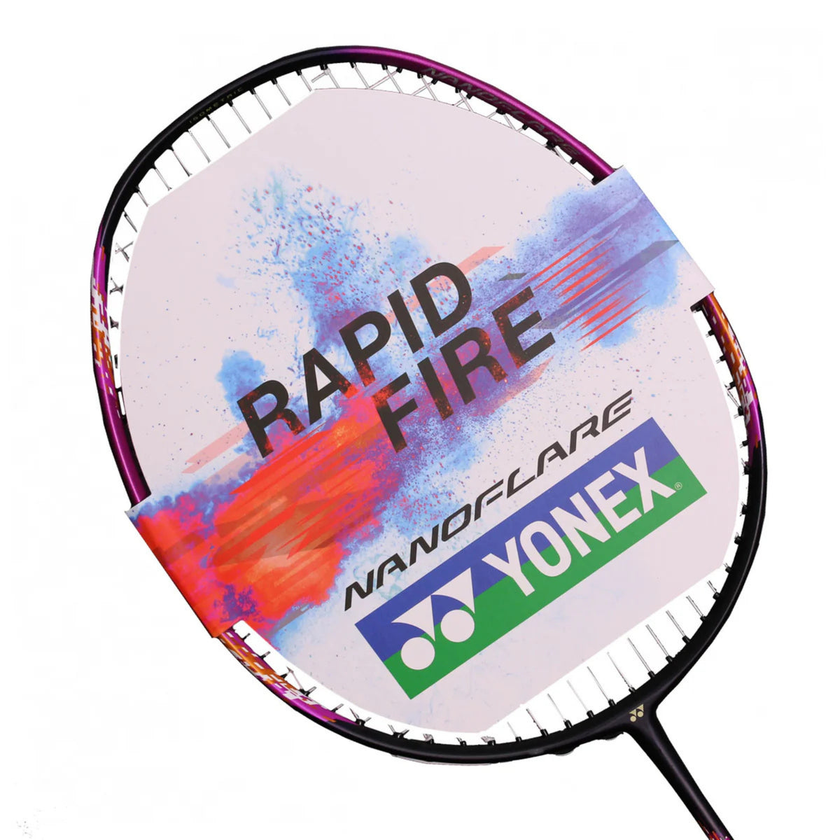 Yonex badminton racket with 'Rapid Fire' and 'Nanoflare' branding on a white background