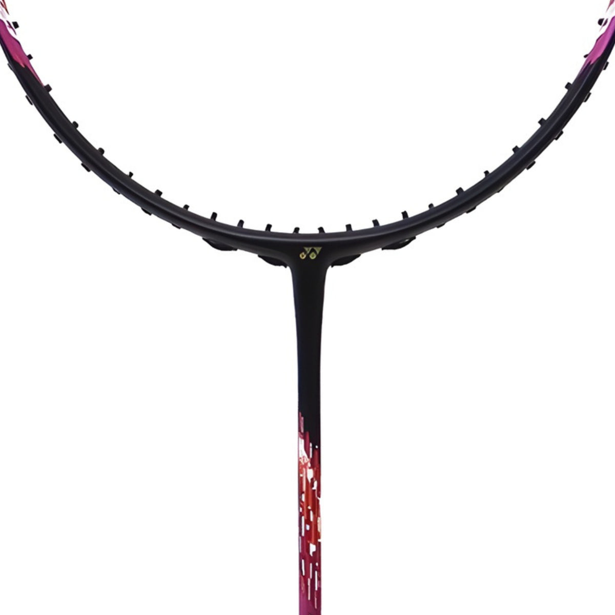 Close-up of a badminton racket with a black and red design on a white background