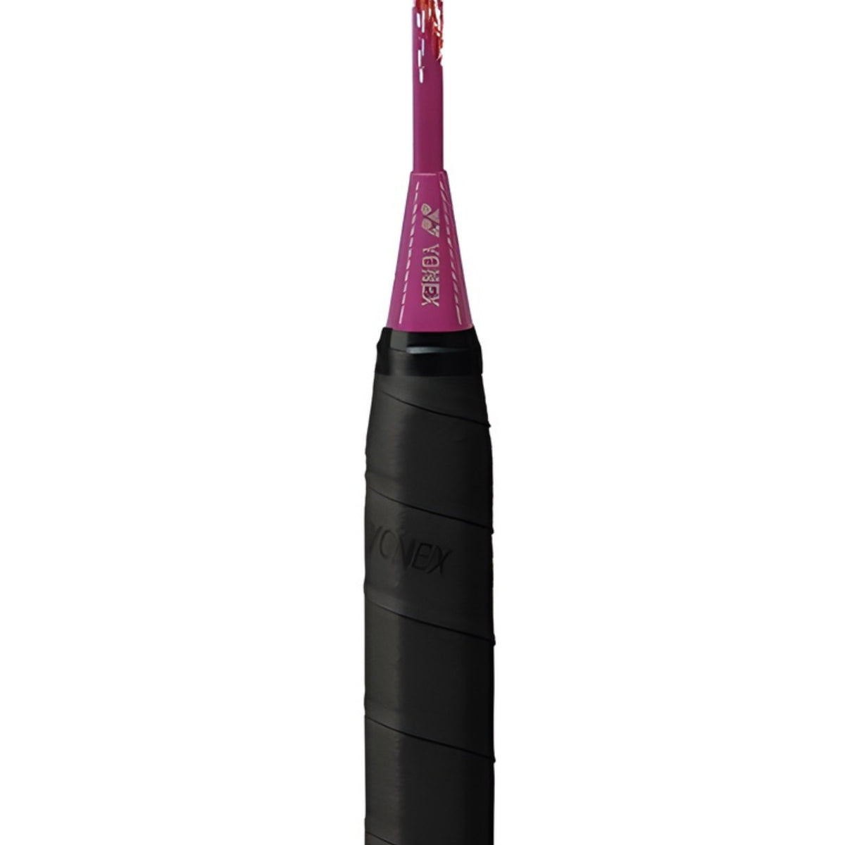 Black badminton racket with pink handle on a white background
