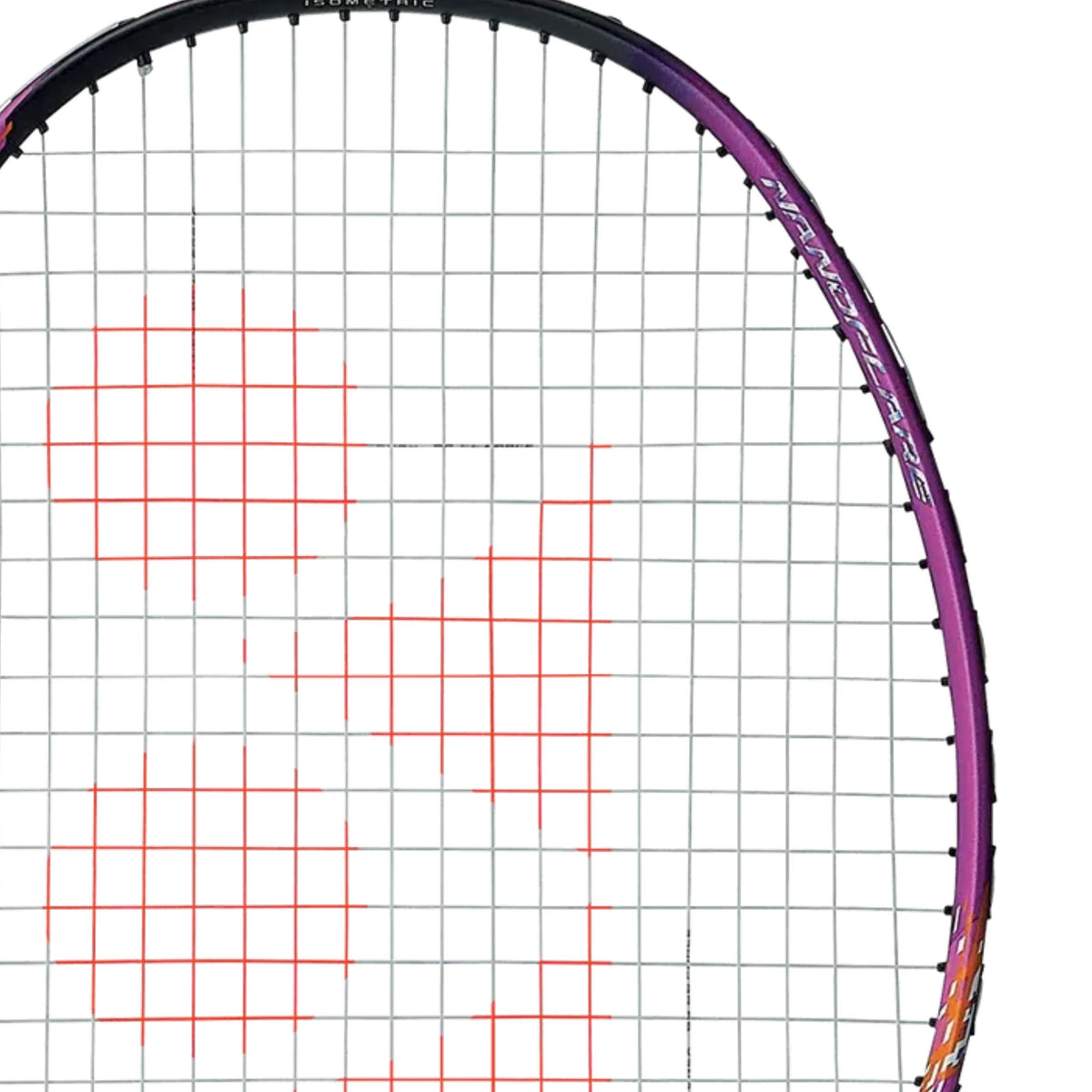 Close-up of a purple badminton racket with a white background