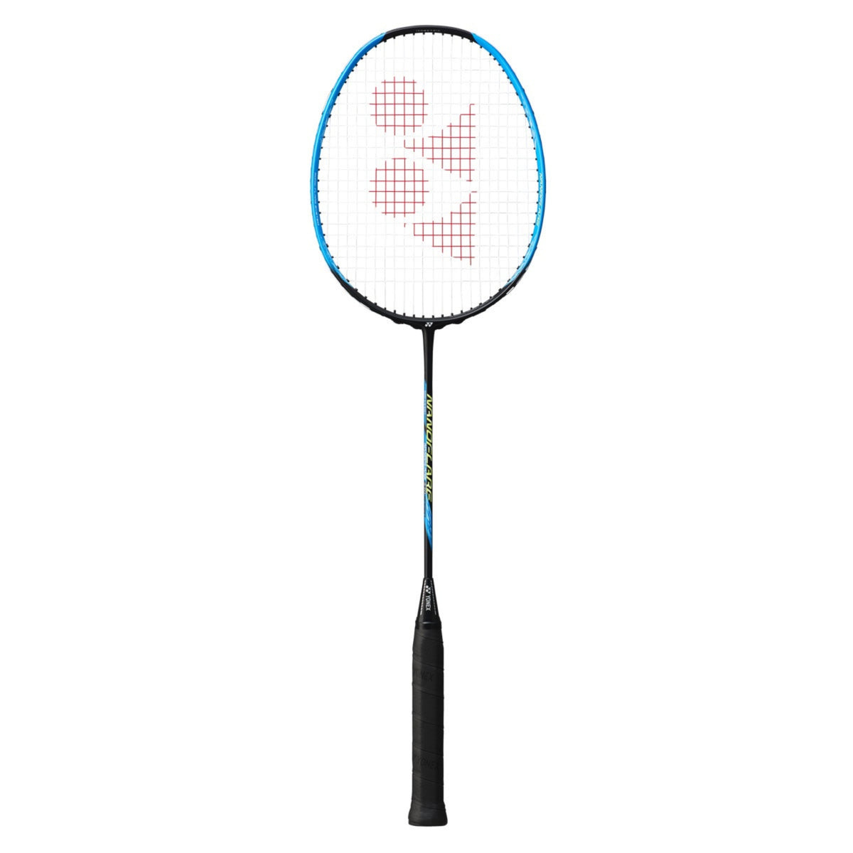 Badminton racket with a white and blue frame on a white background